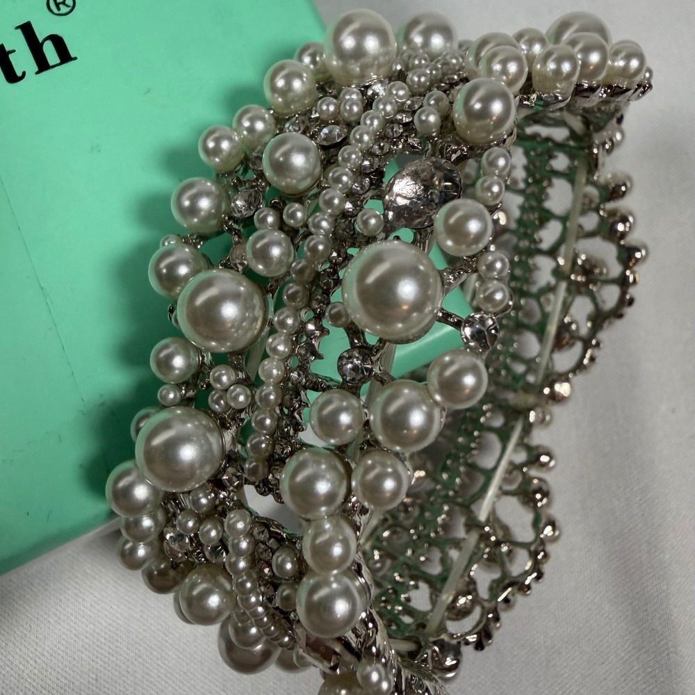 Faux Pearl Crystal Stretch Cuff Bracelet Silver Tone Costume Jewelry